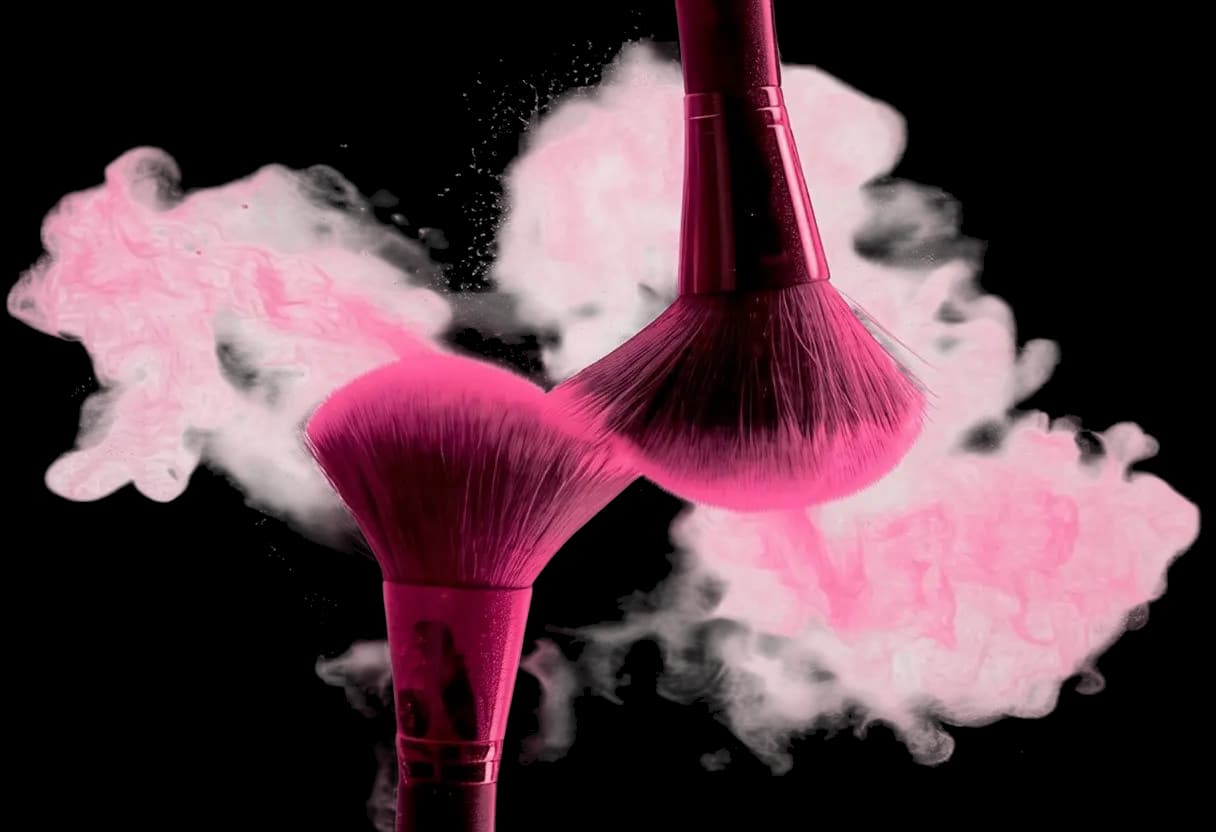 Makeup brushes with a cloud of pink powder